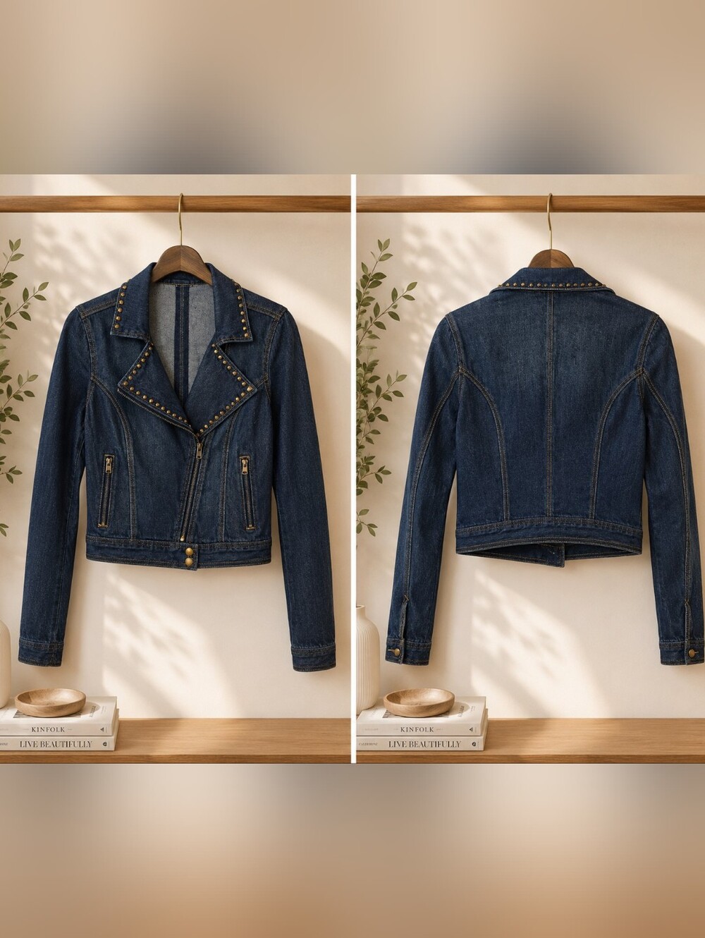Dark Indigo Studded Denim Moto Jacket